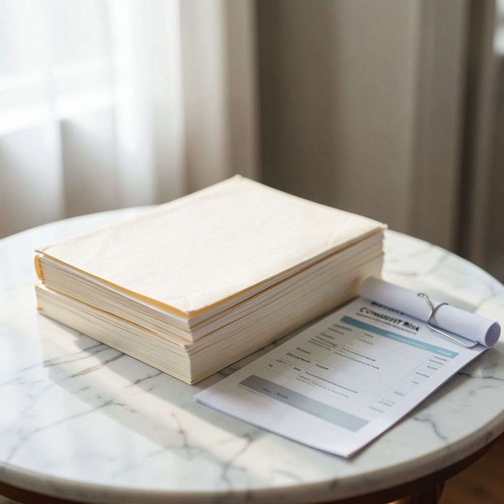 Insurance policy folders stacked beside a printed conduct-risk summary chart