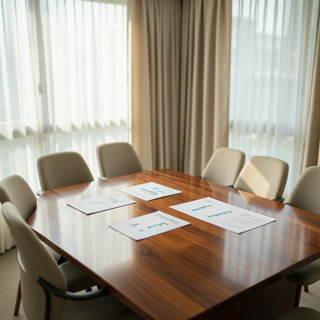 Quiet Bangkok advisory room with printed risk analytics charts on a long table