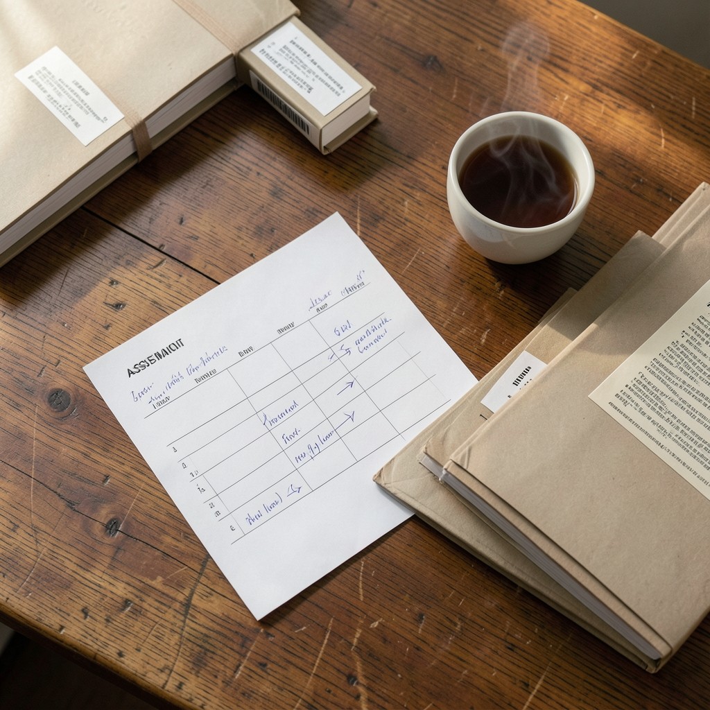 Advisor annotating a printed assessment timeline beside regulatory document binders