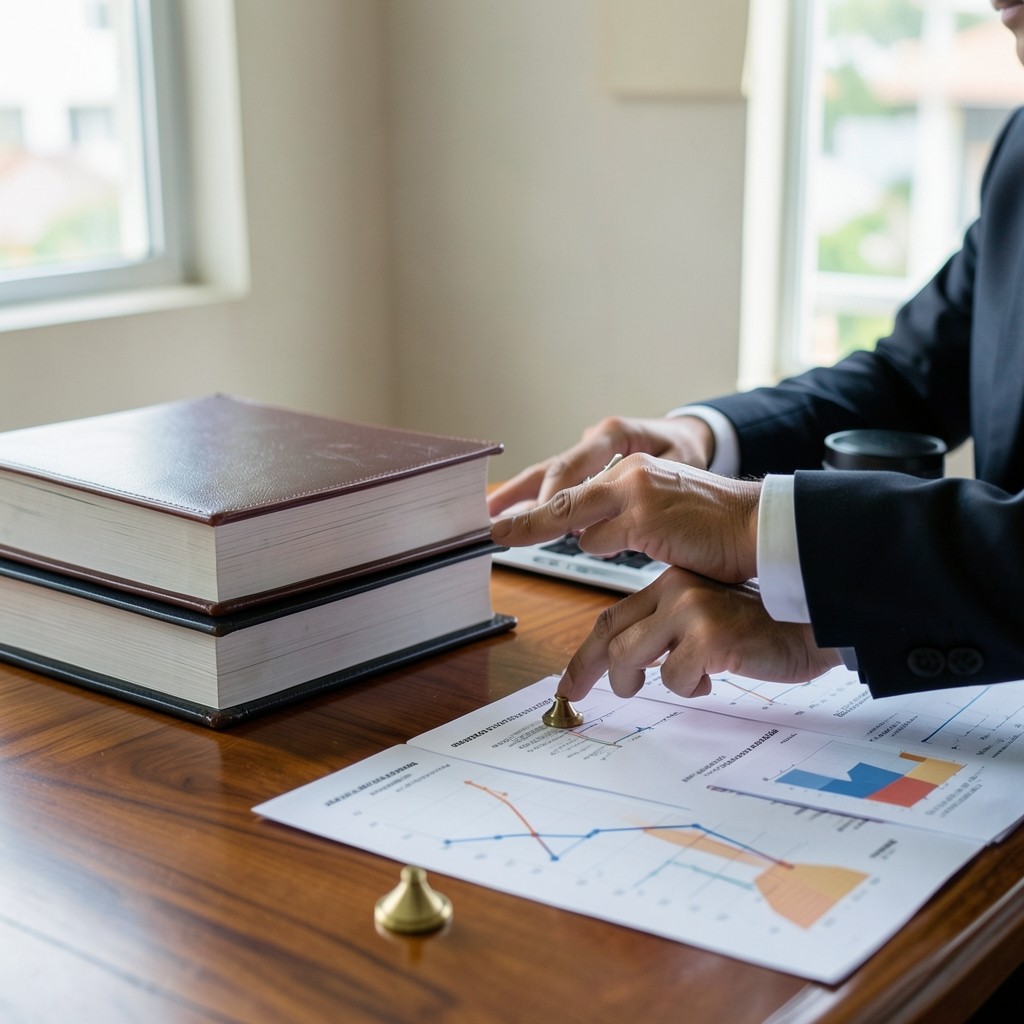 Analyst reviewing regulatory evidence binders beside printed risk charts on a teak desk