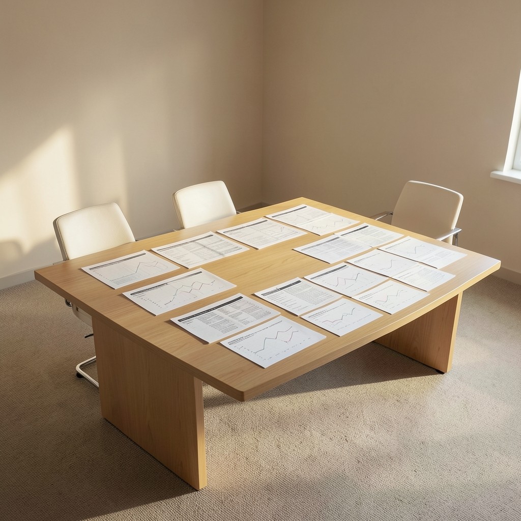 Printed regulatory report pages with annotated charts laid across a conference table