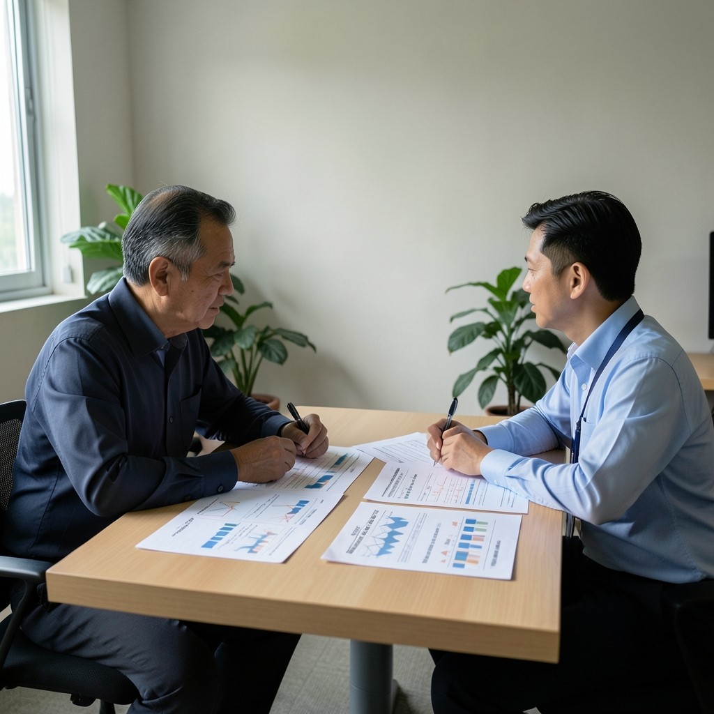Advisor and compliance lead reviewing annotated analytics pages in a quiet meeting room