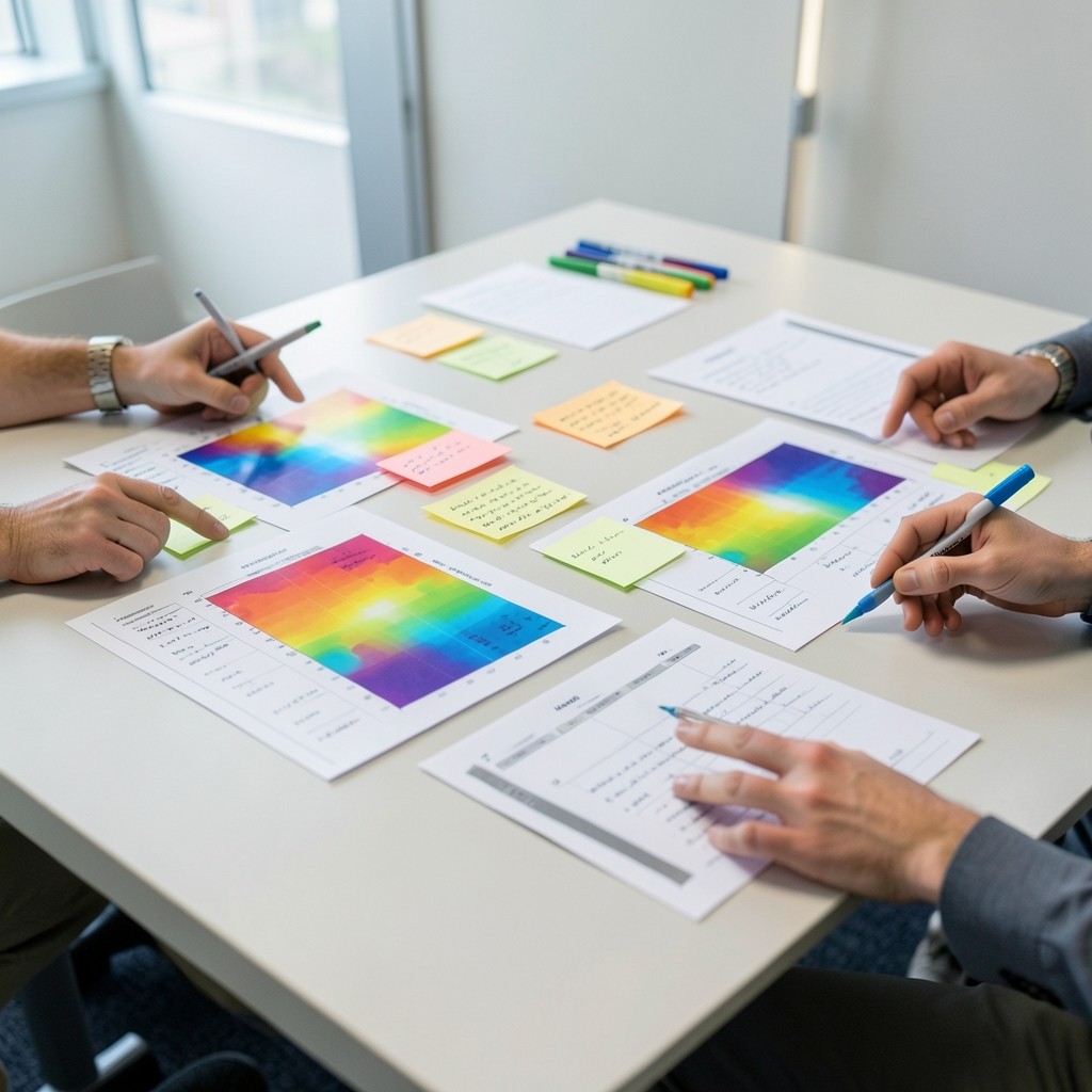 Workshop table with printed heat maps and sticky notes during a risk visualization session